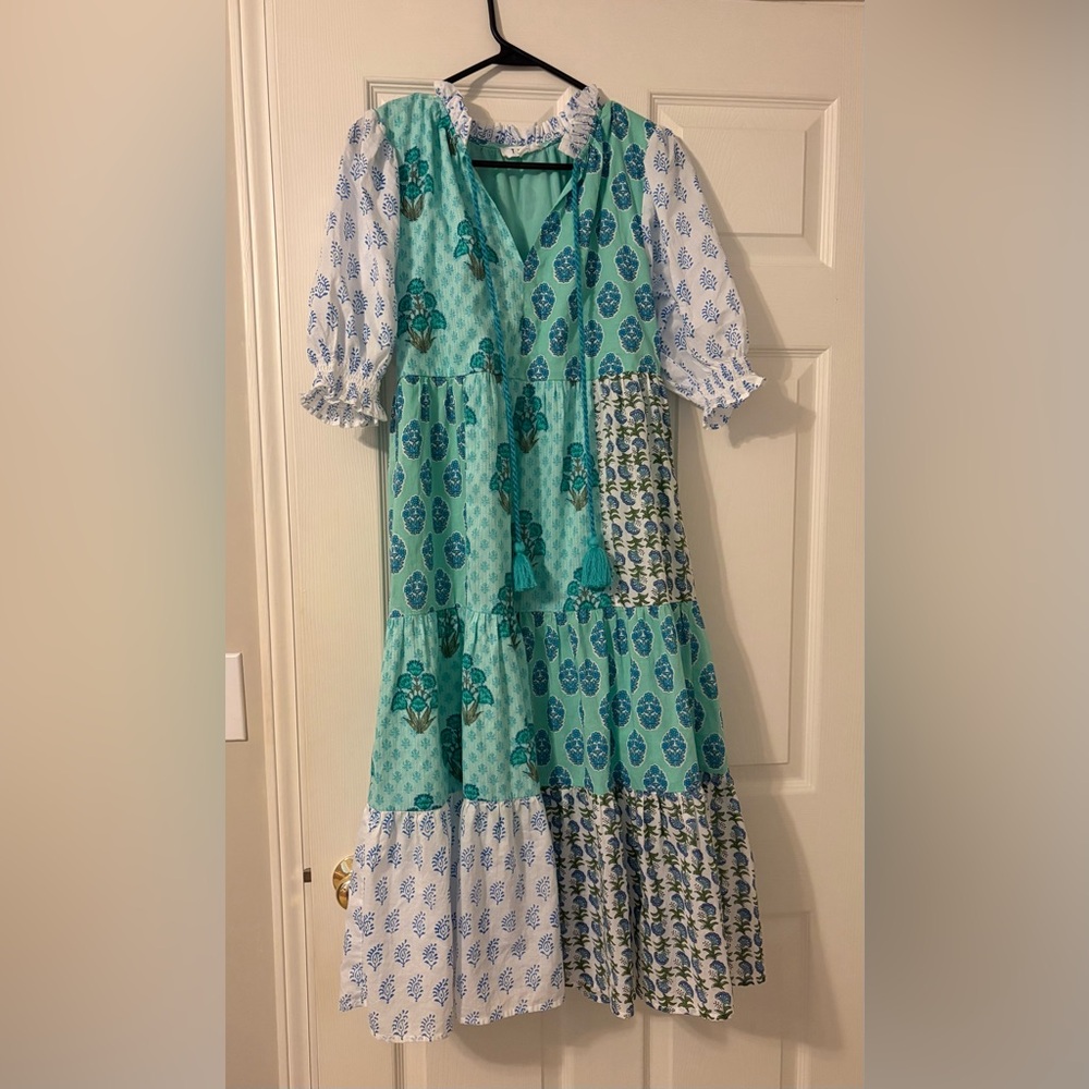 THML Floral Patchwork Midi Dress - Green and Blue
